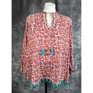 Roller Rabbit Tunic Top Women Small Pink Floral Tassel Trim Cotton Voile